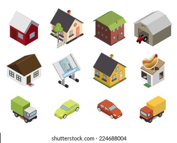 Isometric Retro Flat Cars House Real Estate Icons and Symbols Set Isolated Vector Illustration