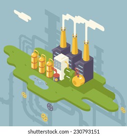 Isometric Retro Flat Factory Refinery Plant Manufacturing Products Processing Natural Resources with Distribution Network Pipes Concept Vector Illustration