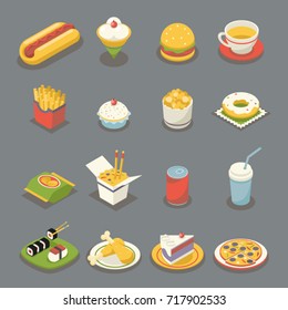 Isometric Retro Flat Fast Food Icons Symbols Set Flat Design Vector Illustration