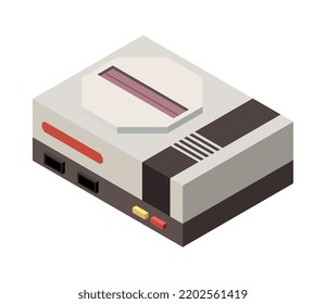 Isometrisches Retro-Spielekonsole auf unscharfem Hintergrund 3D-Vektorgrafik