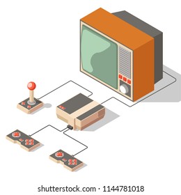 Isometric retro game console with a telephonic. 3d vector old game console with TV. Low-polygonal illustration of a retro game console.