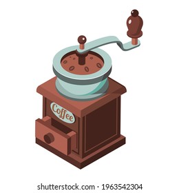 Isometrisch. Retro-mechanische Kaffeemaschine, gezeichnet in isometrischen, leckeren Kaffee, Getränk, einzeln auf weißem Hintergrund 