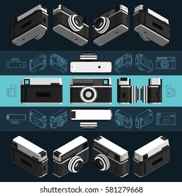 Isometric retro photo camera, 3D. Vector set 2