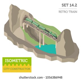 Isometric retro railway with steam locomotive and carriages. Map constructor elements. Build your own infographic collection. Vector illustration
