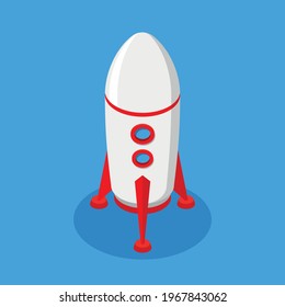 Isometric retro rocket flat vector illustration isolated on blue background. 3D startup concept.