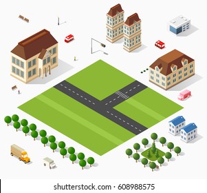 Isometric retro set 3D urban module of the city for construction and modeling of designing megapolis for creative web design and presentations