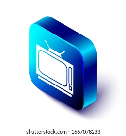 Isometric Retro tv icon isolated on white background. Television sign. Blue square button. Vector Illustration