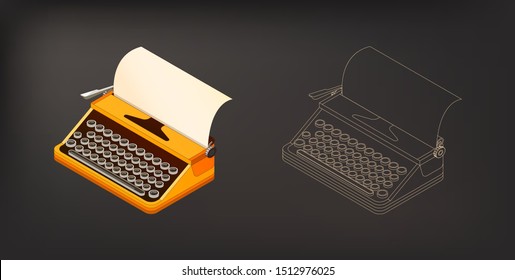 Isometric retro typewriter with color and monochrome version vector illustration. Equipment for writers, journalists, secretaries and other. 
Old classic typewriter isometric.