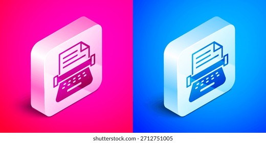 Isometrische Retro-Schreibmaschine und Papierblattsymbol einzeln auf rosafarbenem und blauem Hintergrund. Silberner quadratischer Knopf. Vektorgrafik