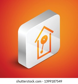 Isometric Retro wall watch icon isolated on orange background. Cuckoo clock sign. Antique pendulum clock. Silver square button. Vector Illustration