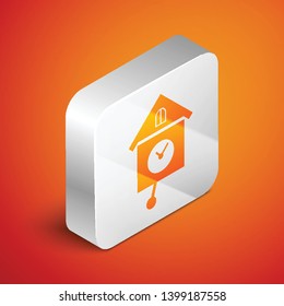 Isometric Retro wall watch icon isolated on orange background. Cuckoo clock sign. Antique pendulum clock. Silver square button. Vector Illustration