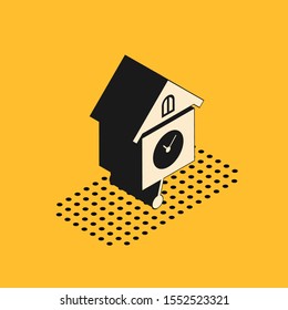 Isometric Retro wall watch icon isolated on yellow background. Cuckoo clock sign. Antique pendulum clock.  Vector Illustration