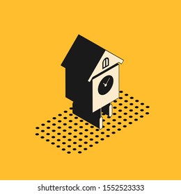 Isometric Retro wall watch icon isolated on yellow background. Cuckoo clock sign. Antique pendulum clock.  Vector Illustration