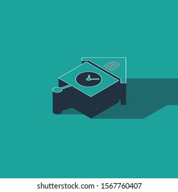 Isometric Retro wall watch icon isolated on green background. Cuckoo clock sign. Antique pendulum clock.  Vector Illustration