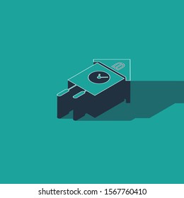 Isometric Retro wall watch icon isolated on green background. Cuckoo clock sign. Antique pendulum clock.  Vector Illustration