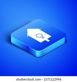 Isometric Retro wall watch icon isolated on blue background. Cuckoo clock sign. Antique pendulum clock. Blue square button. Vector Illustration