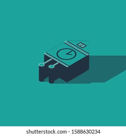 Isometric Retro wall watch icon isolated on green background. Cuckoo clock sign. Antique pendulum clock.  Vector Illustration