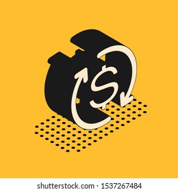 Isometric Return of investment icon isolated on yellow background. Money convert icon. Refund sign. Dollar converter concept.  Vector Illustration