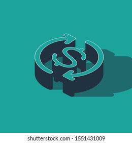 Isometric Return of investment icon isolated on green background. Money convert icon. Refund sign. Dollar converter concept.  Vector Illustration