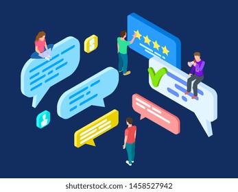 Isometric review vector. Feedback concept with people and speech bubbles. Customer write review online, isometric 3d feedback and evaluation illustration