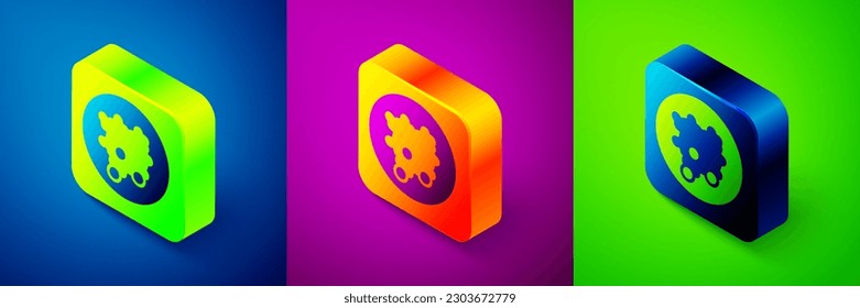Isometric Rice in a bowl icon isolated on blue, purple and green background. Traditional Asian food. Square button. Vector