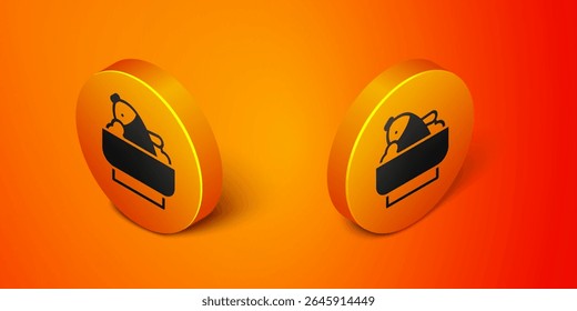 Isometric Rice with fish in a bowl icon isolated on orange background. Traditional Asian food. Orange circle button. Vector
