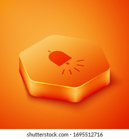 Isometric Ringing alarm bell icon isolated on orange background. Fire alarm system. Service bell, handbell sign, notification symbol. Orange hexagon button. Vector Illustration