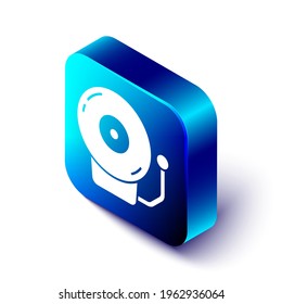 Isometric Ringing alarm bell icon isolated on white background. Alarm symbol, service bell, handbell sign, notification symbol. Blue square button. Vector