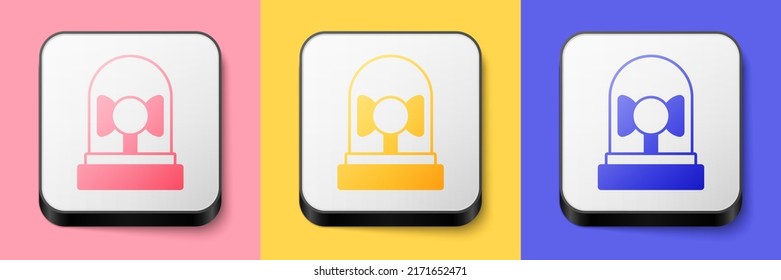 Isometric Ringing alarm bell icon isolated on pink, yellow and blue background. Fire alarm system. Service bell, handbell sign, notification symbol. Square button. Vector