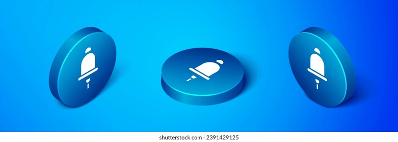 Isometric Ringing alarm bell icon isolated on blue background. Fire alarm system. Service bell, handbell sign, notification symbol. Blue circle button. Vector