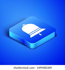 Isometric Ringing bell icon isolated on blue background. Alarm symbol, service bell, handbell sign, notification symbol. Blue square button. Vector Illustration