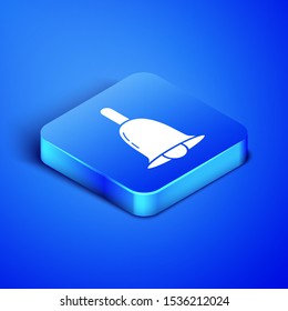 Isometric Ringing bell icon isolated on blue background. Alarm symbol, service bell, handbell sign, notification symbol. Blue square button. Vector Illustration