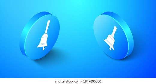Isometric Ringing bell icon isolated on blue background. Alarm symbol, service bell, handbell sign, notification symbol. Blue circle button. Vector.