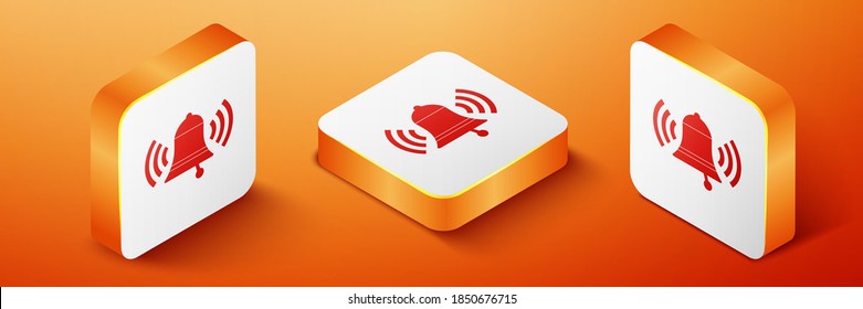Isometric Ringing bell icono aislado en el fondo naranja. Símbolo de alarma, campana de servicio, señal de timbre, símbolo de notificación. Botón cuadrado naranja. Vector.