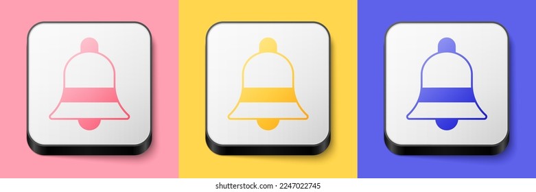 Isometric Ringing bell icon isolated on pink, yellow and blue background. Alarm symbol, service bell, handbell sign, notification symbol. Square button. Vector