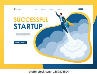 Isometric the rise of career, a businessman launches a startup one. Template landing page.