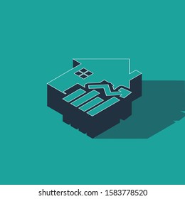 Isometric Rising cost of housing icon isolated on green background. Rising price of real estate. Residential graph increases.  Vector Illustration