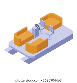 Isometric river boat with steering wheel and seats moving on water