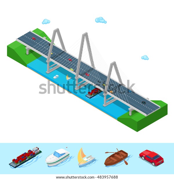 Isometric River Bridge with Ship Boat\
Highway and Cars. Flat 3d Vector\
illustration