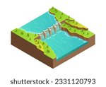  Isometric river with dam. Hydroelectric power station and green energy