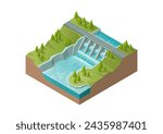  Isometric river with dam. Hydroelectric power station and green energy