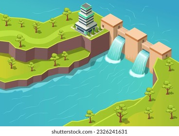  Isometric river with dam. Hydroelectric power station and green energy