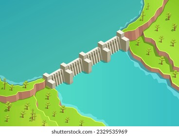  Isometric river with dam. Hydroelectric power station and green energy