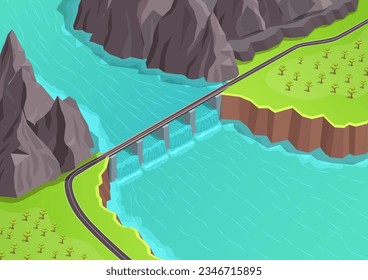  Isometric river with dam. Hydroelectric power station and green energy