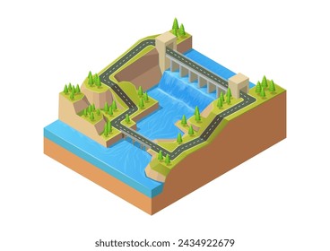  Isometric river with dam. Hydroelectric power station and green energy