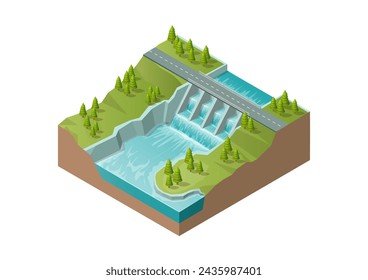  Río isométrico con presa. Central hidroeléctrica y energía verde