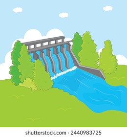 Isometric river with a dam, Hydroelectric power station, green energy, and multi-purpose project