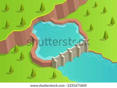  Isometric river with dam. Hydroelectric power station and green energy