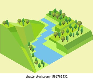 Isometric river  land with a river feature grass, trees, river and ground in vector