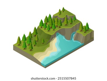 Isometric river with pines forest. Vector Illustration